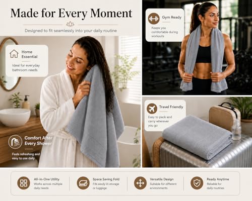 Image of 100% Pure Cotton Bath Towel for Men & Women | 380 GSM Ultra Soft, Highly Absorbent & Quick Dry Bath Towel | Large 55 x 28 Inch Matty Terry Towel for Bathroom, Gym, Travel & Daily Use | Light Grey