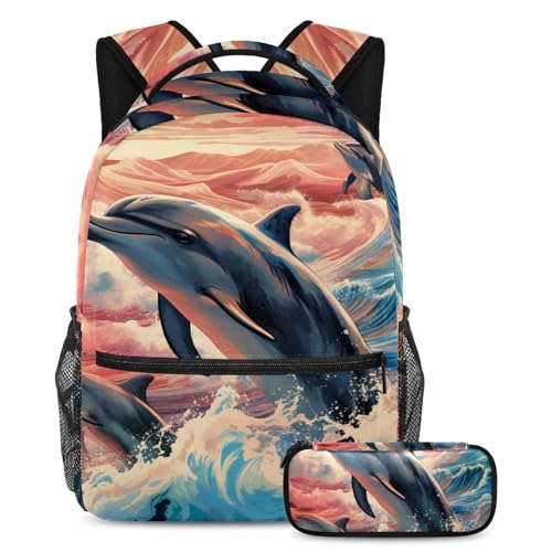 Sac à dos baleine océanique colorée grand format avec trousse assortie