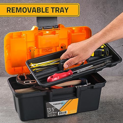 Canopus Plastic Toolbox, 14-Inch Portable Tool Box, Tool Organizer With Extra Storage Tray For Home Tools, Nails And Pins, Black-Orange #TOP1