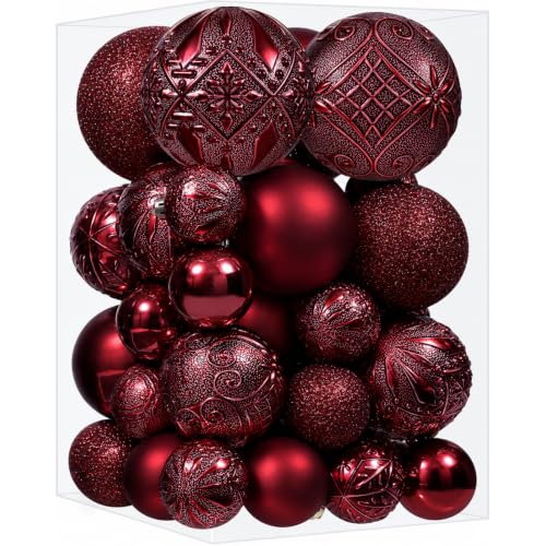 SZVRL Christmas Balls Ornaments -36pcs Shatterproof Christmas Tree Decorations with Hanging Loops for Xmas Tree, Holiday Party, Wedding & Indoor Home Decor,6 Styles in 3 Sizes (Burgundy) - image 1