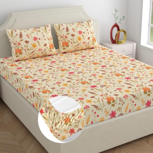 Image of Home Ecstasy 100% Cotton King Fitted Bedsheet with 2 Pillow Covers - (Size 72 x 78 inches, 140 TC, Colour - Beige)