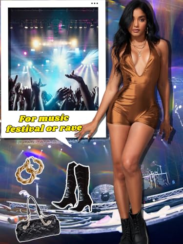 Image of EHSUYAB Sexy Metallic Bodycon Romper, Tie Halter, One Piece Backless Club Outfit