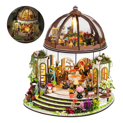 Taimimy DIY Miniature House Kit,Miniature Building Kits,Wooden Greenhouse Miniature Kit with Furniture & LED,Creative Dollhouse Kit for Adults,Hobby Craft Home Decor Birthday Gifts