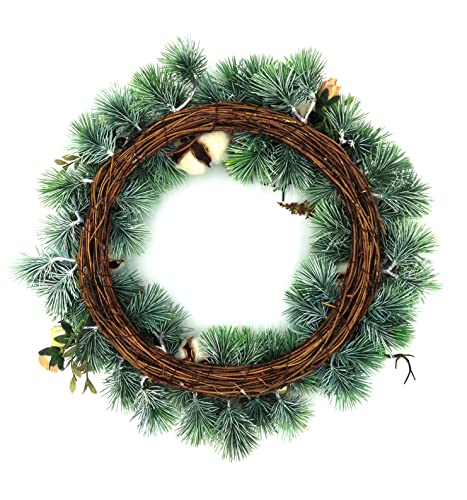 18 Inch Artificial Christmas/Winter Wreath With Red Berries, Cotton, Pine Needle And Soft Blush-Colored Roses For Front Door, Farmhouse, Indoor, Outdoor, Wedding, Wall, Home Decor #TOP3