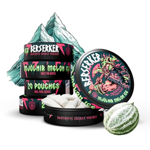 Berserker Focus Pouches - Mjlnir Melon Ice - Caffeine Infused - 100mg Per Pouch - Nootropic Enhanced - 5 Pack - Tobacco & Nicotine Free - Energy Drink Replacement