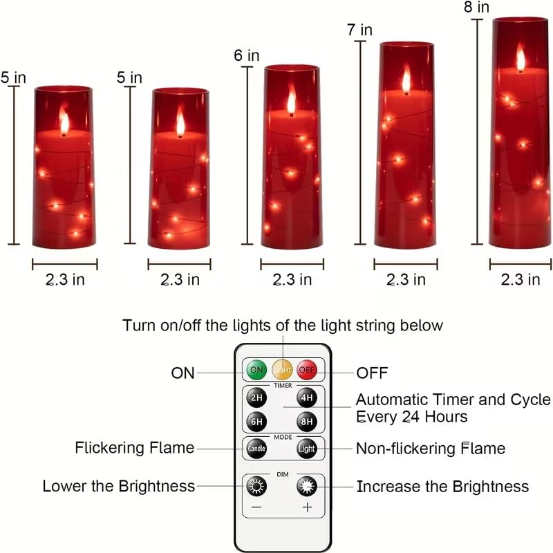 Image of Enido 10 Pc Flameless LED Candles with Remote & Timer, Battery Operated Acrylic Pillar Set, Flickering Electric Lights with Embedded Star String for Cozy Home & Holiday Romantic Decor (Red)