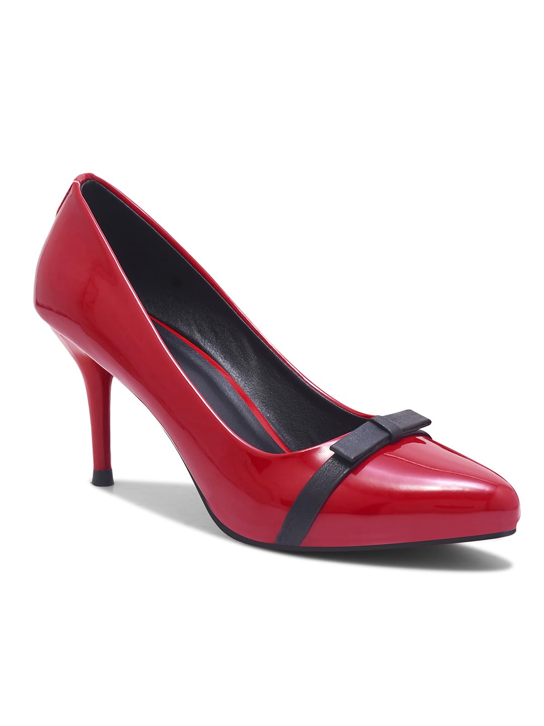 Patent Embellished Black Stiletto Heels with Red Detail-image-2