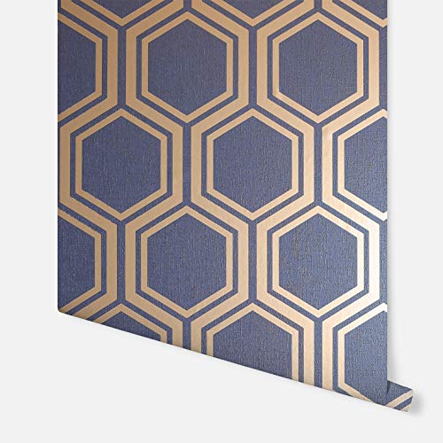 Arthouse 906604 Navy Gold Metallic Textures Luxe Hexagon Wallpaper 906604-Geo, Full Roll #TOP5