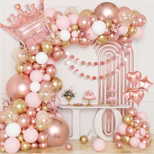Ouddy Life 149Pcs Rose Gold Balloons Arch Kit, Pink Rose Gold White Cardioid Star Banner Balloon Garland for Mothers Day Women Girls Birthday Wedding Baby Shower Bridal Bachelorette Party Decorations