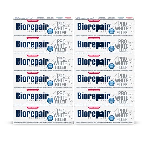 Biorepair, Dentifricio PROWHITE FILLER, Smalto Più Bianco e Liscio, Riempe le Micro-Imperfezioni Con Più MicroRepair, Formula Potenziata, Tecnologia Sbiancante PVP, Senza Fluoro e Parabeni, 12x75ml