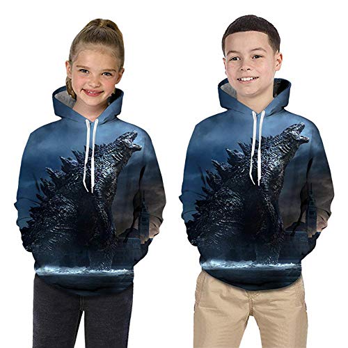 Preisvergleich Produktbild KIDSHOODIE Jungen und Mädchen Hoodie 3DGodzilla Gedruckt Kapuzenpullover Kinder Langarm Sweatshirt Kapuze Pullover Alter Blue-130cm