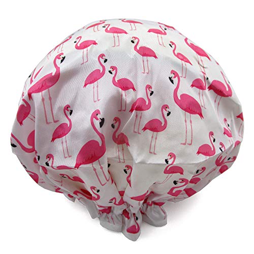 Shower Cap for Women,Quanchen Reusable Bath Cap with Double Layer Lined, Waterproof & Durable-Great for Girls Spa Home Use,Hotel and Hair Salon (06 Flamingo)