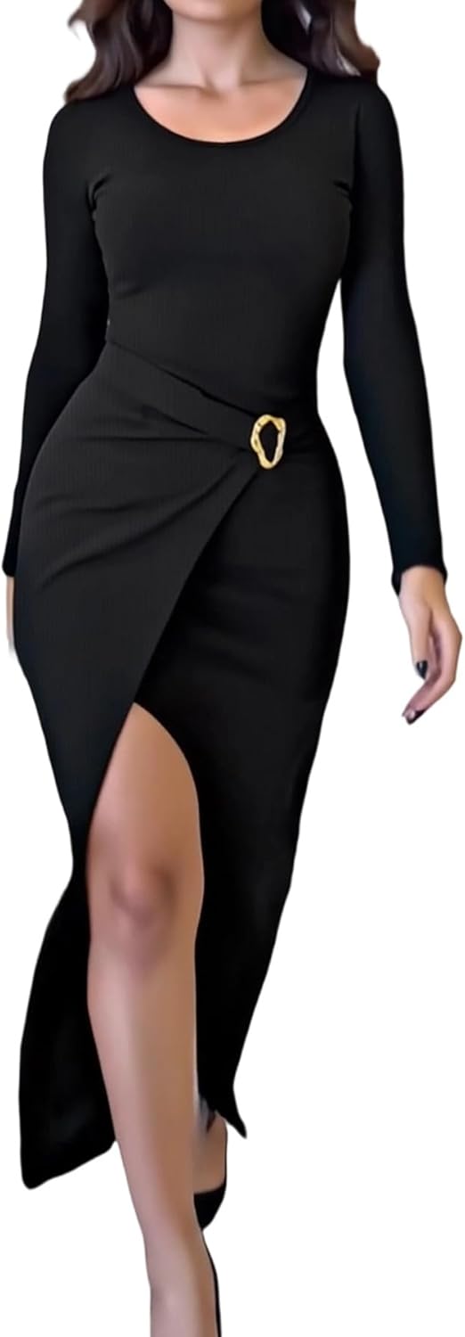 CHICME Women's Bodycon Midi Dress Long Sleeve Ruched Waist Slim Fit Slit Buckle Decor Dress Cocktail Party Dress - Image 3