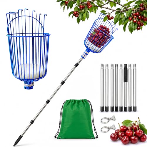 Narrow Gaps Cherry Fruit Picker 10.5FT Adjustable Fruit Picker Pole with Basket for Small Fruits 0.47 Grid Spacing Lightweight & Sturdy Metal Pole Soft Rubber Tips Ideal for Cherries