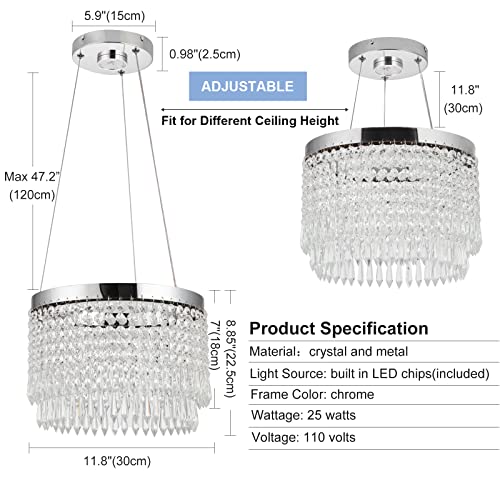 Hongnuofc 11.8 Inch Led Chandelier Round Chrome Crystal Chandeliers Hanging Pendant Light Modern Flush Mount Ceiling Light Fixture For Dining Room Entryway Kitchen Hallway (3 Color Change) #TOP4