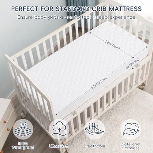 Image of david's kids 2 Pack 52''x28'' Waterproof Crib Mattress Protector Pad Cover Stretch up to 8 inch, Fitted Standard Crib and Toddler Mattresses, Ultra Soft and Breathable for Boys Girls Neutral, White