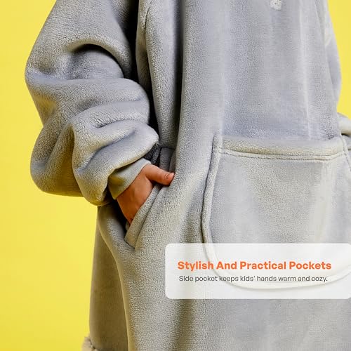 Giggling Getup Wearable Blanket Hoodie for Girls and Boys Sherpa Fleece Hooded Blanket Sweatshirt Warm Cozy Sherpa Wearable Throw Oversized Hoodie with Giant Pocket & Sleeves for Kids Gray