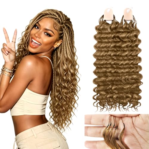 Human Crochet Hair for Black Women 18inch 60g Pre Separated 50 Strands Deep Wave Feather Crochet Human Hair Extensions 27# Invisible Miracle Knots Boho Honey Blonde Crochet Bundles
