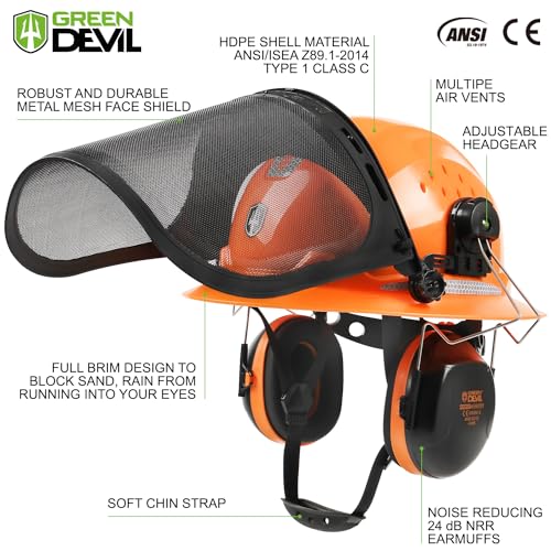 GREEN DEVIL Chinsaw Helmet Full Brim Style Arborist Helmet Ventd Forestry Safety Hard Hat Kit With Face Sheild Hearing Protection Ear Muffs Practical Spectacle Helmets Liner 5 IN 1 ANSI Z89.1 Approved