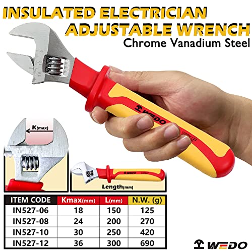 WEDO Insulated Adjustable Wrench 10", VDE 1000V Adjustable Injection Spanner, Electricians Safety Wrench - Image 2