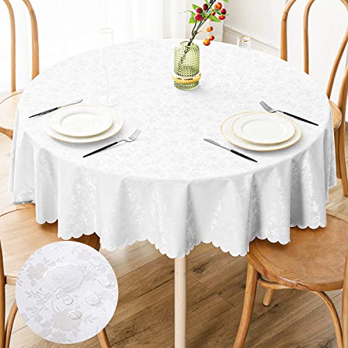 Image of Smiry Round Table Cloth, Waterproof Heavy Duty Vinyl Tablecloths, Wipeable Washable Table Cover for Kitchen and Dining Room (White, 60 inch Round)