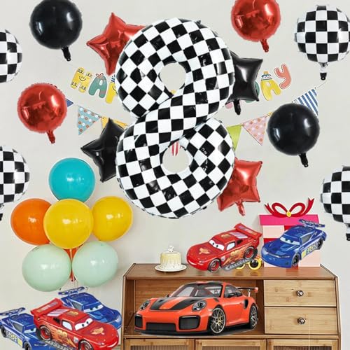 Image of TONIFUL 40 Inch Large Checkered Number 8 Balloon 8th Birthday Decorations
