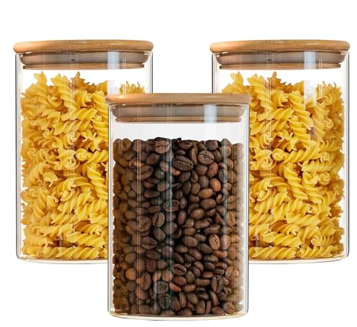 Hylruu Round Glass Storage Jars with Lids 1000ML Set of 3 - High Borosilicate Glass Airtight Kitchen Food Canisters Cylinder Clear Preserving Seal Containers with Lid