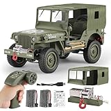 toylefun 1/10 Scale RC Military SUV, Remote Control 4WD Off-Road Vehicle with Alloy Frame Chassis, with Winch and Capstan, Army Vehicle with Opening Hood and Folding Windshield, 2 Batteries,