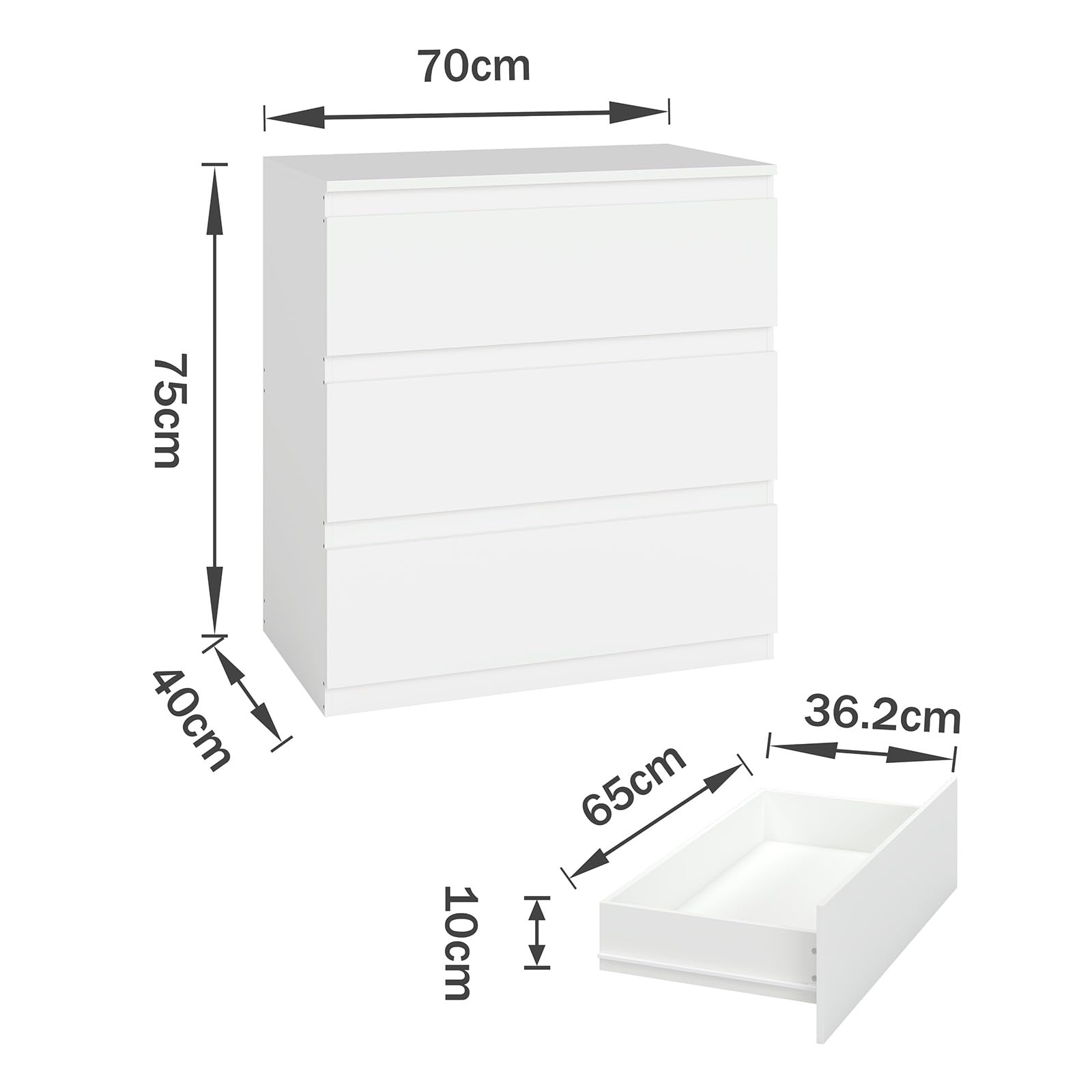 Cómoda Blanca Dormitorio con 3 Cajones Mesilla de Noche Estrecha 40cm Cajonera de Armario Interior Moderna Mueble Auxiliar para Oficina y Pasillo 70x40x75 cm