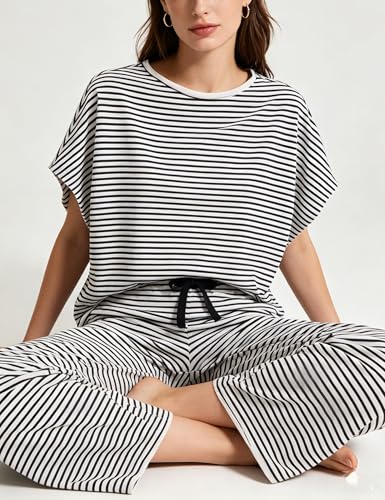 Image of Bozanly 2 Piece Sets for Women Short Sleeve Tops and Capris Loose Matching Pajama Sets Sweatsuits