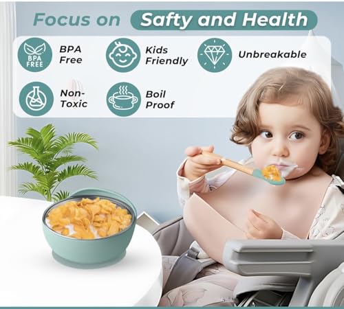 Image of NYALA Stainless Steel Toddler Plates Silicone Suction, Non-Slip Baby Plates BPA Free,Unbreakable Dishwasher Safe (Pista Green, Bowl)