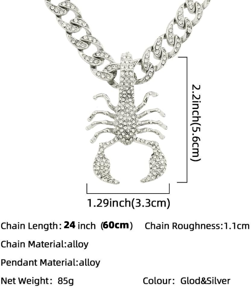 Silver Plated Scorpio Necklace for Men Women Iced Out Clear Hip Hop Animal Scorpion Pendant with Bling Cubic Zirconia Punk Personality Cuban Chain Jewelry Novelty Accessories