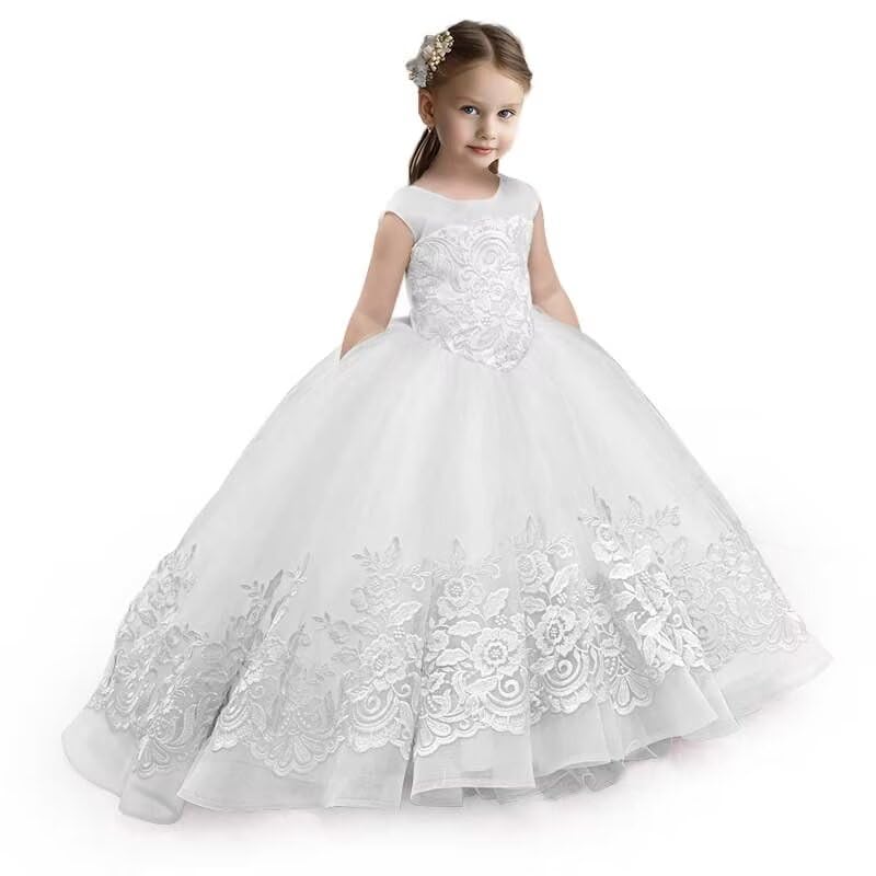 Tulle Flower Girl Dress for Wedding Lace Applique Princess Pageant Ball Gown Kids Formal Ball Gown