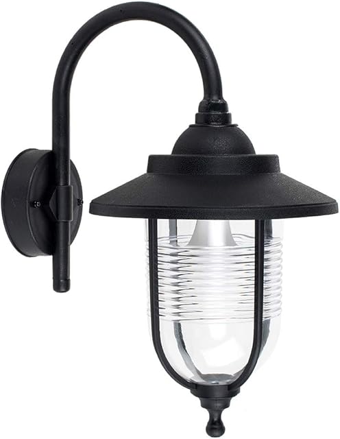 MiniSun Modern Outdoor Black Fishermans Style Swan Neck Wall Light Lantern - IP44 Rated - Complete with 1 x 6w LED ES E27 Bulb