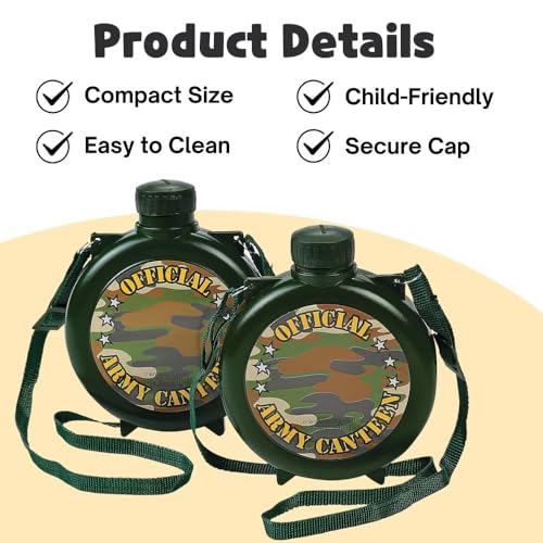 Fun Express Canteen Water Bottle 12 Pack - Kids Safari Party Favors with Adjustable Nylon Strap | 15oz Plastic Camo Water Bottles for Camping, Hiking & Outdoor Adventures | Army Green Design