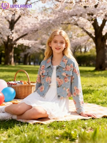 Image of WELAKEN Print Denim Jacket for Girls & Kids II Little Girl's Button Down Crop Jean Jacket Coat