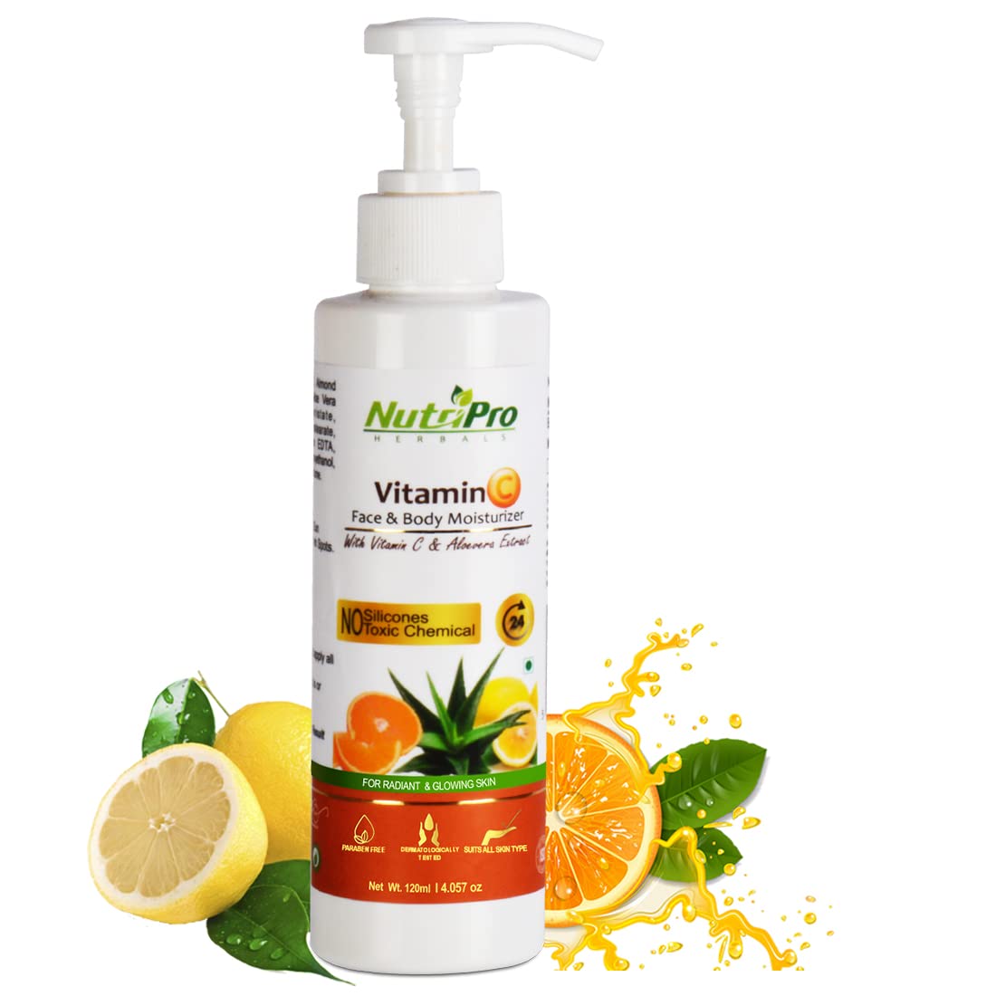 Vitamin C Face & Body Moisturizer | With Vitamin C & Aloe Vera Extract | Non-Sticky Body Lotion for Women & Men| For Intense & Long Lasting | No Silicones Paraben Free (120ml)