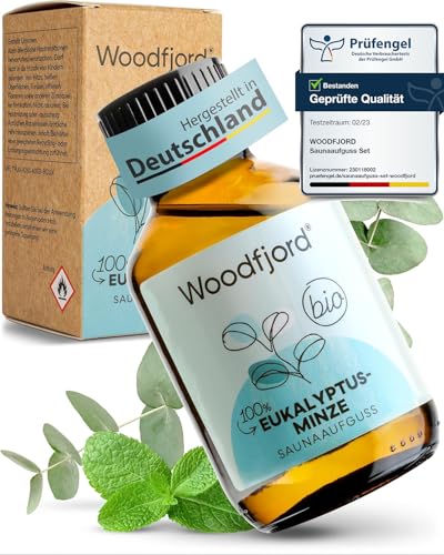 WOODFJORD Saunaaufguss Eukalyptus-Minze BIO 100 ml I Premium Sauna Aufgussmittel für authentische und nachhaltige Saunaerlebnisse I Saunaöl und Saunaduft I Erfrischend und klärend