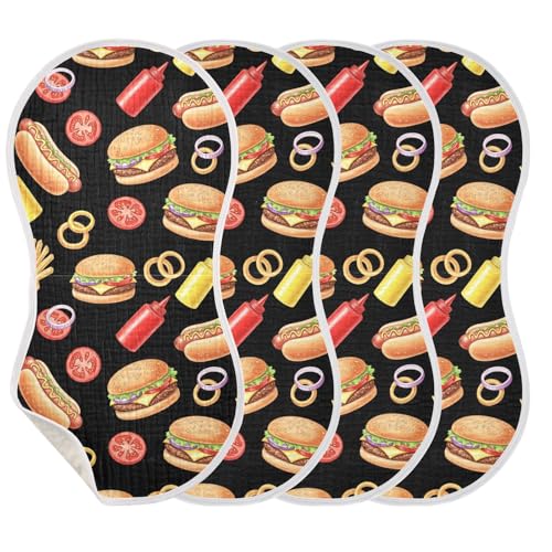 J JOYSAY Hamburger Hot Dog Black Baby Burp Cloths for Boys Girls Large 22''x11'' Cotton 4 Layer Burp Clothes Set for Babies Newborn one sizex4