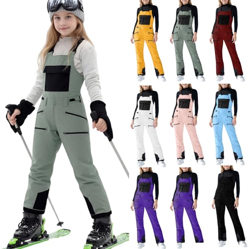 gsatuba Kids Snow Pants Boys and Girls Fashion Waterproof Ski Bibs Winter Warm Strap Shoulder Insulated Child Overalls kids insulated bibs Army Green Size 8-9