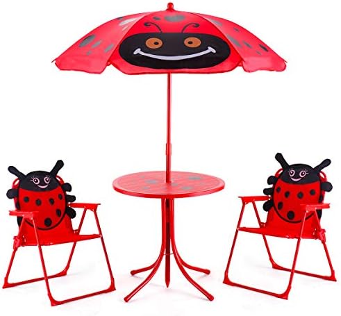 Costzon Kids Table and 2 Chair Set, Ladybug Folding Picnic Table Set with Removable Umbrella for Indoor Outdoor Garden Patio, Gift for Children Boys & Girls