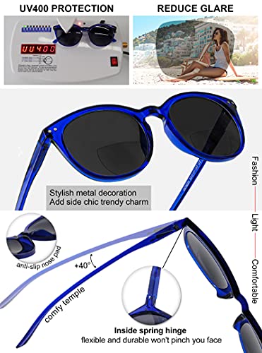 Image of MARE AZZURO Round Bifocal Reading Sunglasses Women Large Outdoor Readers 1.00 1.50 2.00 2.50 3.00 3.50 (Blue, 3.0)