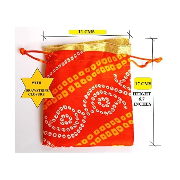 BERRYCRAVE Jaipuri Bandhej Print Fabric Drawstring Pouch Potli Bag (17X 11 Cms) X Five|Golden Top Border Wedding Gift Jewellery Ring Shagun Gold Silver Coins Gifting-Mix Colour, 5 count - Image 4