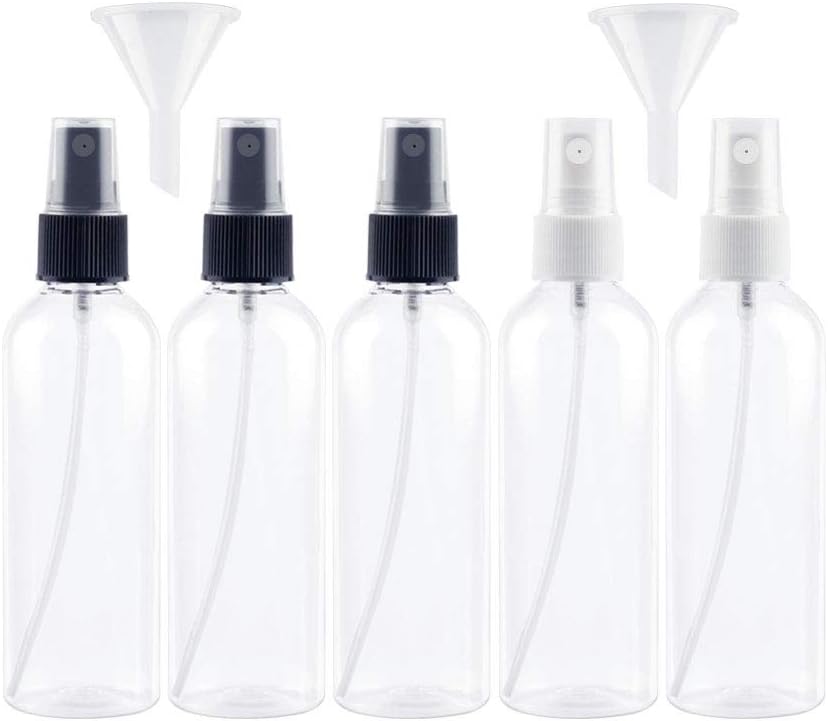 Spray Bottle Empty Transparent Plastic Atomiser Fine Mist Cosmetic Spray Bottles Set With 2 Small Plastic Funnels (5pack Spray Bottle,100ml)
