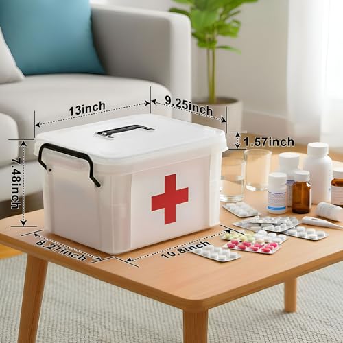 Image of 15QT Clear Medicine Organizer Box with Handle, Plastic Medicine Container with Tray First Aid Box Empty, Thickened Medicine Storage Organizer Multipurpose Medication Organizer Storage, White