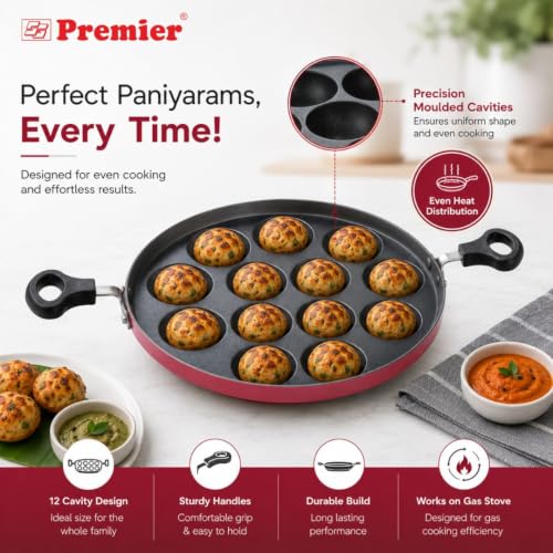 Image of PREMIER Non-Stick Paniyaram Pan 12 Cavity | Appam Maker | Appam Patra | Kuzhi Paniyaram Pan | Appe Pan | Paddu Pan | Gunta Ponganalu Pan | Die Cast Aluminium | Gas Stove | 1 Year Warranty
