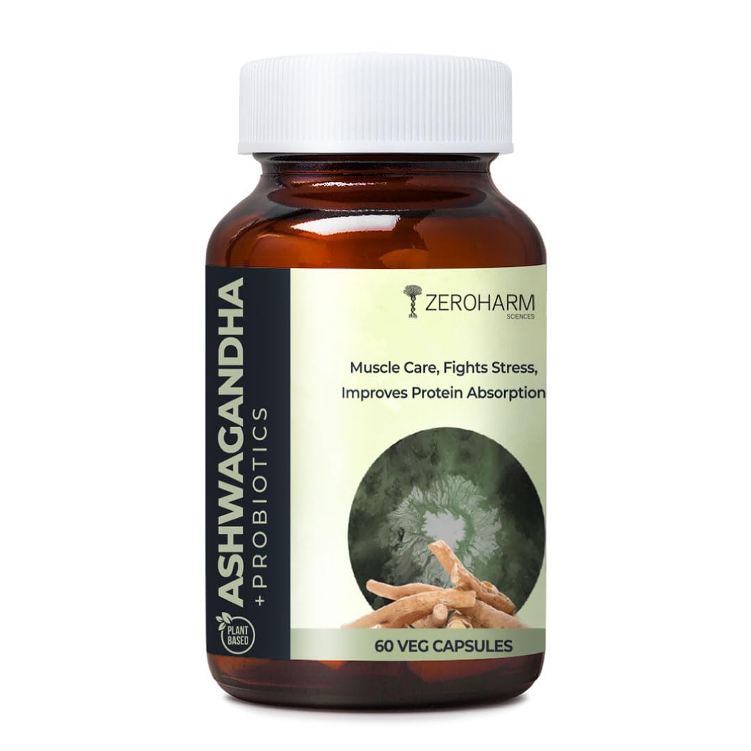 ZEROHARM Ashwagandha Probiotic Supplement | Prebiotics for Gut Health, Stress Balance, Muscle Support & Protein Absorption | 100 Billion CFU, Psyllium Husk | For Men & Women | 60 Veg Capsules