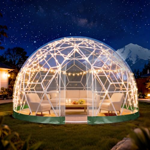 Zumic Garden Dome Tent 12*7.2FT, 360° View Geodesic Dome Greenhouse with PVC Clear Cover, Waterproof Garden Bubble Dome Tent House with 2 x 10M Light Strings for Outdoor, Green