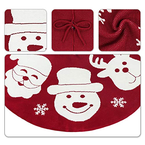 Limbridge Christmas Tree Skirt, 48 Inches Tree Skirts Knitted With Snowflakes, Santa Claus, Reindeer, Heavy Yarn Rustic Xmas Holiday Decoration, Burgundy And Cream #TOP4