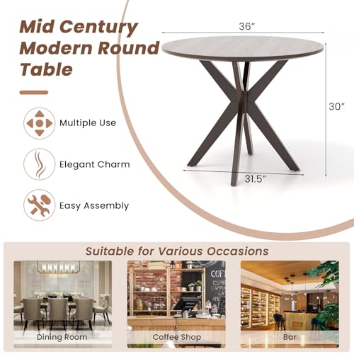 Image of Giantex 36 inch Round Wood Dining Table, Farmhouse Kitchen Table with Intersecting Pedestal Base & Solid Rubber Wood Legs, Vintage Coffee Tables for Dinette, Small Spaces, Restaurant, Brown